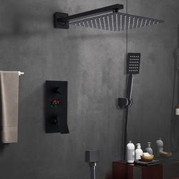 Matte Black Bathroom Shower Faucet Set Digital Display Rain Black Bath Shower System Waterfall Shower Bathtub Mixer Tap