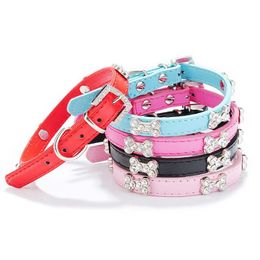 Dog Collars & Leashes Adjustable PU Leather Collar With Rhinestone Bone Decals Diamond Studed For Small Dogs XS-LDog LeashesDog