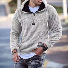 Autumn Winter Men Warm Faux Fleece Hoodie Kangaroo Pockets Sweatshirt Casual Zipper Hooded Clothes Solid Streetwear Tops 220325