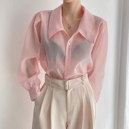 Women's Blouses & Shirts Clothland Women Sweet Transparent Organza Blouse Long Sleeve Pink Black Shorts Female Chic Casual Tops Blusa LA448