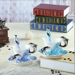 Elegant Colored Ceramic Dolphins Enamel Coffee Mug Porcelain Suit Tea Water Dinkware Cup Mug And Saucer With Spoon Set new