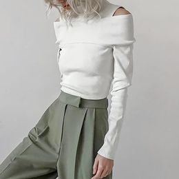 Women's T-Shirt Knitted Cold Shoulder Woman T Shirts Stand Collar White Casual Long Sleeve Korean Short Slim Women's Shirt 2022 Spring