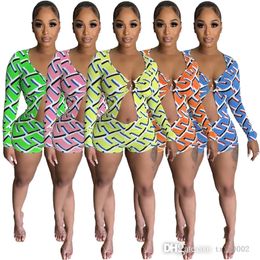 2022 Designer Clothing Womens Tracksuits Sexy Digital Print Long Sleeve Temperament Shorts Two Piece Set Outfits