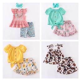 Girlymax Summer Baby Girls Children Clothes Shorts Set Leopard Cow Floral Outfits Ruffles Boutique Kids Clothing 220509