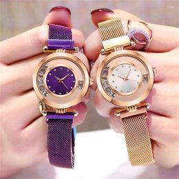 Wristwatches Simplicity Watch Women 2022 Fashion Starry Sky Stainless Steel Mesh Belt Turning Rhinestones Dial Wristwatch Watches Clock Q4
