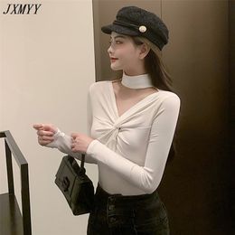 style Western-style knotted clavicle top slimming thin bottoming shirt v-neck long-sleeved t-shirt female ins 210412