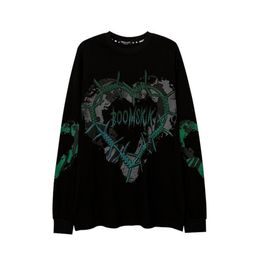 HOUZHOU Gothic Punk Green Print Long Sleeve T-shirt Grunge Oversize Harajuku Streetwear O-neck Black Top Pullover 220328