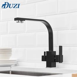 Square Kitchen Faucet 3 Way Water Filter Tap 360 Degree Rotation Faucets Black Solid Brass Sink Mixer T200710