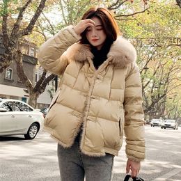 Fitaylor Women Coat 90% Duck Down Jacket Real Fur Collar Hooded Jacket Elegant Female Thick Warm Button Duck Down Outwear 201127