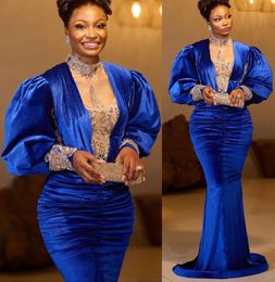 Arabic Style Mermaid Prom Dresses 2022 Royal Blue Velvet Pluls Size Long Sleeves Sweep Train Custom Made Evening Occasion Gowns