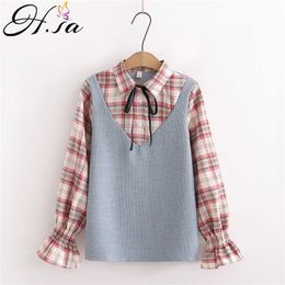 HSA Women Casual Blouses Flar Sleeve Plaid Spring Tops Outwear Bow Tie Pink Knit Vest Fake 2 pcs Korean Tops Girls College Tops 210716