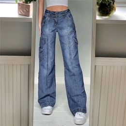 Trousers Streetwear Y2K Low Waist Wide Leg Jeans Pockets Cargo Pants Women Aesthetic Denim Harajuku Mom Boyfriend Straight Jean 220701