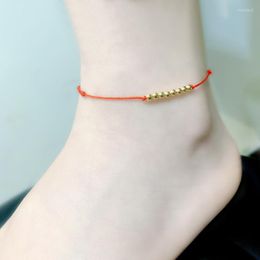 Anklets XF800 Real 18K AU750 Gold Ball Anklet Adjustable Red Rope For Women Fine Jewelry Gift J570 Roya22