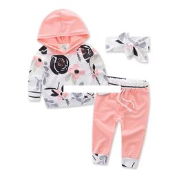 2017 new Children outfits autumn girls boys Bow headband+Hooded printing top+pants 3pcs/set baby Floral suits