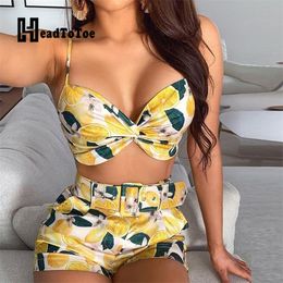 Fruits Print Spaghetti Strap V Neck Crop Tops & High Waist Belted Shorts Sets Casual Summer 2 Piece Outfits for Women Beachwear T200603