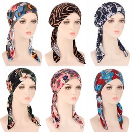 Boho Soft Florals Printed Turban Cap Bandanas African Females Long Tail Hijabs Hats Muslim Women Elastic Wrap Cap Headwear