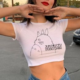 Kawaii Totoro Crop Top Funny Cartoon T Shirt Women Cute Anime Graphic Vintage T-shirt 90s Ullzang Fashion Tees Female