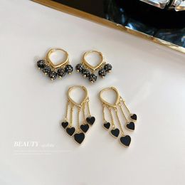 Hoop & Huggie Minar Sweet Black Color Love Heart Long Tassel Earring For Women Gold Metallic Glitter Ball Earrings Anniversary GiftHoop Kirs