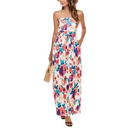 Casual Dresses Women Fashion Off Shoulder Maxi Dress 2022 Summer Floral Print Wrap Halter Chest Sleeveless Loose Boho Beach Robes Vestido Fe