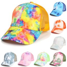 Summer Party Supplies Tie-dye Ponytail Hats 6 colors Mesh Hollow Messy Bun Baseball Cap Trucker Hat Fast Send ZC1217