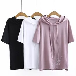 White Black T-shirt Women Cotton Casual Short Tees Japan Harujuku Fashion Solid Hooded Tshirt 210311