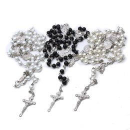 Chains Jesus Christ Cross Necklace Church Prayer Rosary Bracelet Holy Card Glass Pearl CrossChains