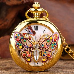 Old Fashion Watch Bronze Golden Hollow Out Butterfly Design Men Women Quartz Analogue Pocket Watches Necklace Pendant Chain Clock Gift