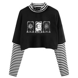 Hip Hop Harajuku T-shirts Fake Two Piece Cropped Tops Women Gothic Graphic Printed Slim Long Sleeve Summer Kawaii Tee for Ladies 220408