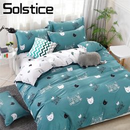 Solstice Home Textile Cyan Cute Cat Kitty Duvet Cover Pillow Case Bed Sheet Boy Kid Teen Girl Bedding Covers Set King Queen Twin 220513