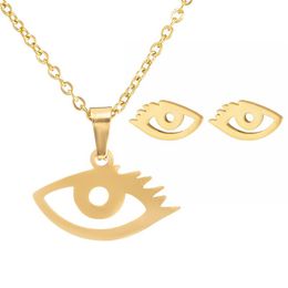 Pendant Necklaces Stainless Steel Jewellery Set For Women Gold Colour Chain Necklace Eye Stud Earrings GiftsPendant