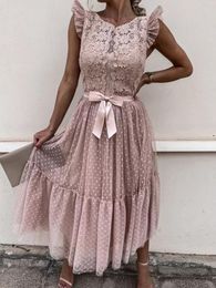 Casual Dresses Sexy Embroidery Lace Patchwork Long Dress Women Elegant Dot Printed O Neck Party Summer Butterfly Sleeve Mesh Office