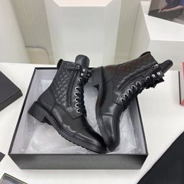 Interlocking Mid-Calf boots lambskin leather Cheque lace-up shoes ankle combat boot low heel Martin booties luxury designers brands shoe factory footwear
