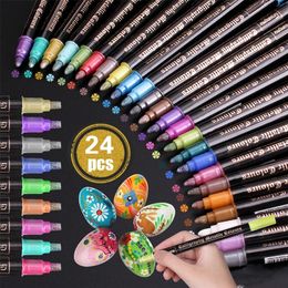 12/24 Colours Metallic Markers Paint Pens Art Writing Markers Paper Stone Glass Wall Dual Tip Paint Pen Paper Stone Glass Wall 220721