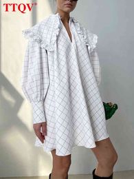 TTQV Fashion V-Neck White Plaid Mini Dress Casual Long Sleeve Office Lady Dress Elegant Loose Ruffle Dresses For Women 2022 T220804