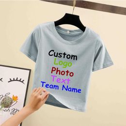 Customise your picture short sleeved exposed navel t shirt female summer slim version bottoming shirt short solid Colour 220621