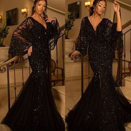 Elegant Black Mermaid Prom Dress Sexy Illusion V Neck Sequins Bling Long Sleeve Sweet 15 16 Quinceanera Evening Dresses Birthday Party Special Occasion