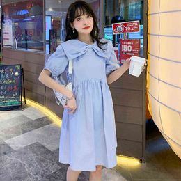 Pregnant Women Bowknot TurnDown Collar Loose Dress with Short Sleeves Summer Pregnant Woman ALine Cotton Dress Preppy Style J220628
