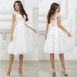 tulle tea length wedding dress UK - Fairy Illusion Tea-Length Dress For Summer Wedding Party V Neck Appliques Bridal Gowns Vestido De Novia