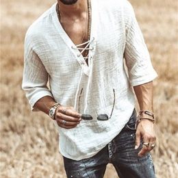 Mens Fashion Hippie Linen Shirt Casual Middle Sleeve V Neck Summer Beach Loose Tee Tops Solid Colour T shirts 220526
