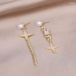 Stud Korean Fashion Trendy Jewellery Asymmetric Cross Chain Zircon Pearl Earrings Urban Women's Daily Work EarringsStud Odet22 Farl22