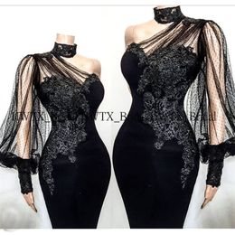 Vintage Lace Evening Dress New Customized One Shoulder Transparent Long Sleeves Black Mermaid Formal Party Gown with Train 201114