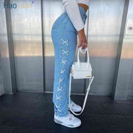 HAOYUAN Sexy Light Blue Side Lace Up Stretch Jeans Streetwear Women Aesthetic Retro Pants Straight Leg Mid Waist Denim Trousers T220728