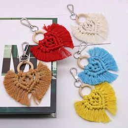 Boho Handmade Woven Macrame Heart Keychain For Women Bag Pendent Car Keyring Holder Love Heart Cotton Tassel Ornament Keyring