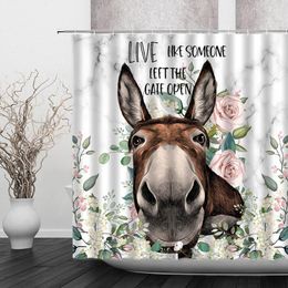 Shower Curtains Funny Donkey Curtain Farm Animal Rose Flower Butterfly Wooden Board Farmhouse Bathroom Fabric Decor With HooksShower