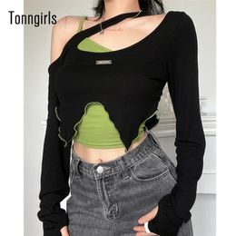 Tonngirls Y2k Vintage T-shirt Grunge Tie Dye Crop Tops 2-piece Women Casual Camis T-shirt Streetwear Long Sleeve Lace Up Tee Top 220511