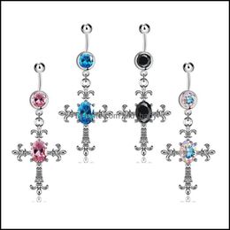 Body Arts Tattoos Art Health Beauty Dangle Cross Belly Button Rings Stainless Steel Fake Gem Inlaid Piercing Navel Barbe Dh20O