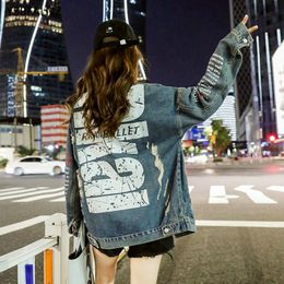 2022 Spring Basic Jean Jacket Women Letter Print Red Denim Coats Jackets Woman Outerwear Loose Frayed Ripped Coat Chaqueta Mujer