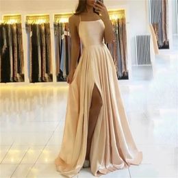 satin Dresses Evening prom party Robe De SFormal simple Spaghetti sexy slit 220705