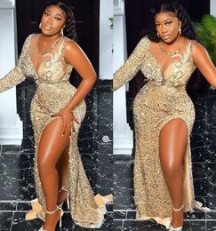 Plus Size Arabic Aso Ebi Gold Mermaid Sexy Prom Dresses Sheer Neck Evening Formal Party Second Reception Birthday Engagement Gowns Dress Zj788 407