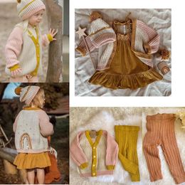 Clothing Sets Kids Sweaters 2022 Autumn Winter Wawa Brand Toddler Girls Dress Cute Baby Top Sisters Knitted Cardigan Pant Set Fall ClothesCl